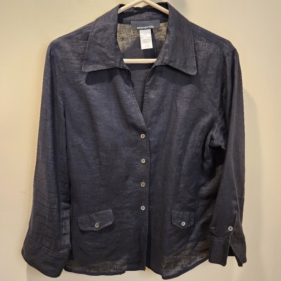 JONES NEW YORK Black 100% Linen Button Down Blouse size 12 - Picture 5 of 10